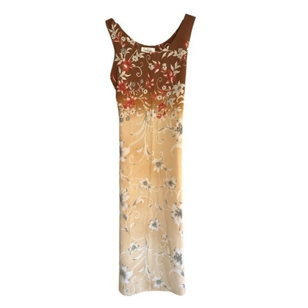 Worthington Women's Size 12 Floral Maxi‎ Dress Brown Beige Sleeveless Tie Waist